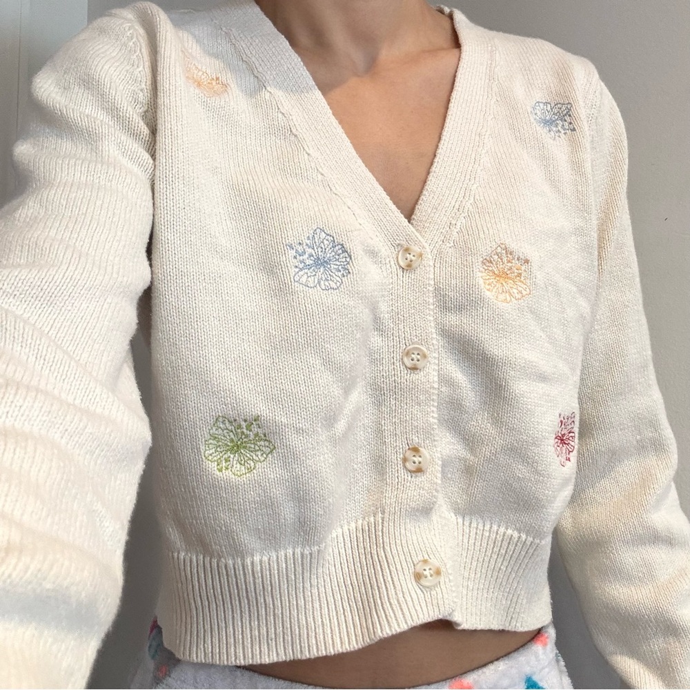 Forever 21 Embroidered Cream Cardigan Sweater